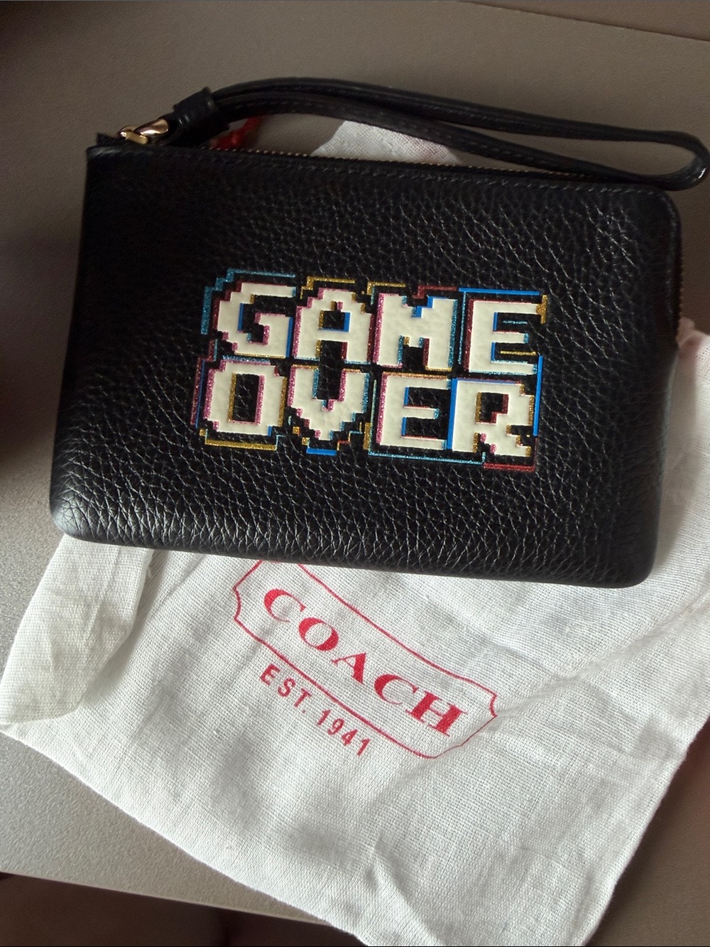Coach Black Leather Wristlet with Pixel 'GAME OVER' Embroidery